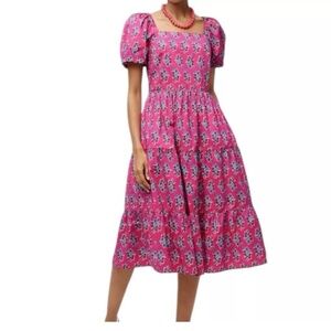 J. Crew Pink Floral Print Tiered Puff Sleeve Midi Dress